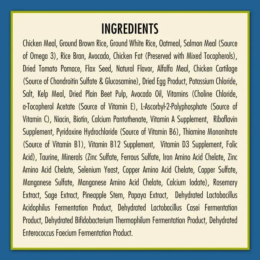 A blue-bordered label on AvoDerm Natural Chicken Meal & Brown Rice Formula Large Breed Dry Dog Food lists salmon meal, grains, vegetables, oils, vitamins, minerals, and probiotics under the “INGREDIENTS” heading.