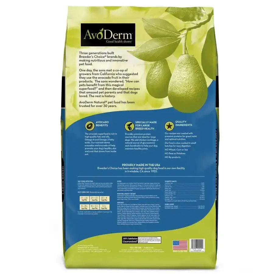 The back of the green, yellow, and blue AvoDerm Natural Chicken Meal & Brown Rice Formula Large Breed Dry Dog Food bag features avocados and info on benefits, quality ingredients, and AvoDerm’s company background.