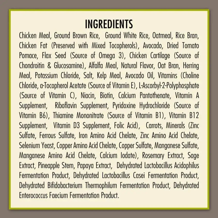 AvoDerm Natural Chicken Meal & Brown Rice Senior Dry Dog Food, by AvoDerm, contains chicken meal, brown rice, veggies, oils, and fruits to support senior dogs’ joint health and overall wellness. Ingredients are listed in a box with a yellow-green border.