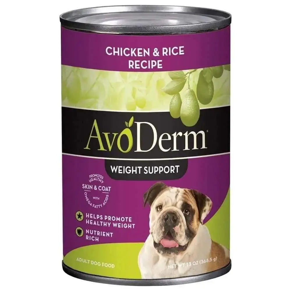 AvoDerm Natural Chicken & Rice Weight Control Canned Dog Food, 13oz, features avocado highlights and promotes skin, coat, and healthy weight for adult dogs—ideal for supporting your pup’s weight management. Pack of 12.