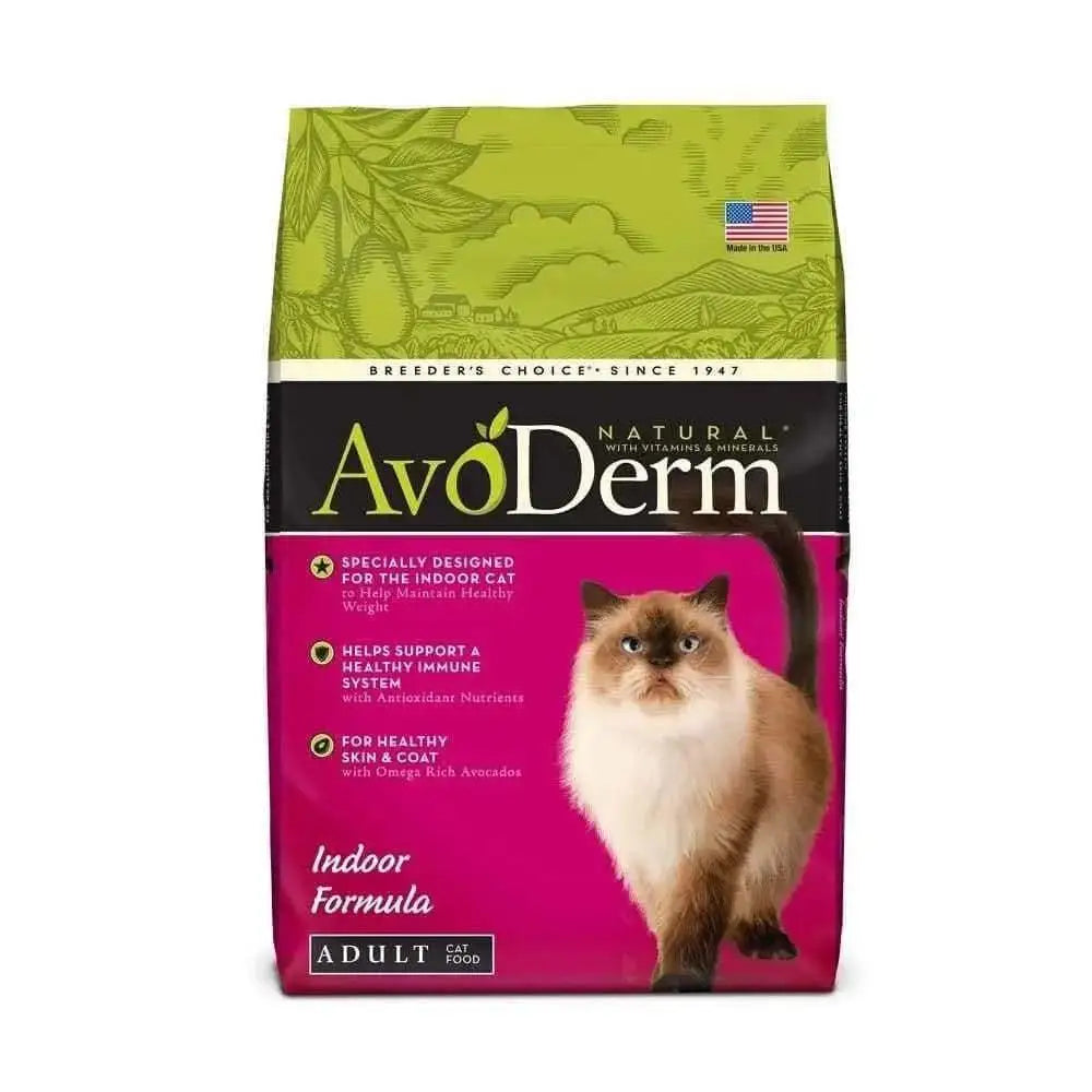AvoDerm Natural Indoor Formula Adult Dry Cat Food by AvoDerm features a long-haired cat image and comes in green and magenta packaging, supporting healthy skin and coat with avocado benefits.