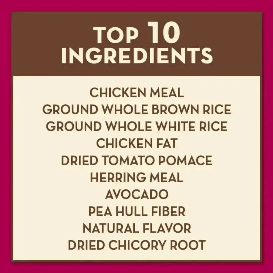 A chart titled “Top 10 Ingredients” highlights key components in AvoDerm Natural Indoor Formula Adult Dry Cat Food by AvoDerm, like chicken meal and herring meal, formulated to support healthy skin and coat for indoor cats.