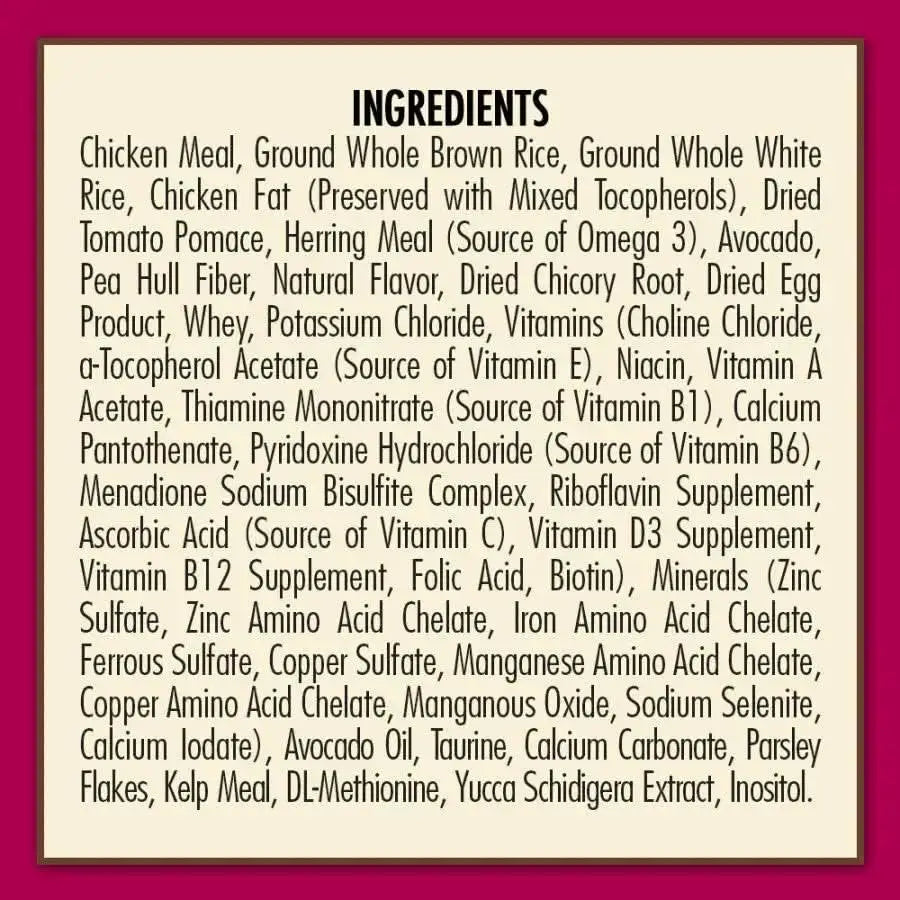 AvoDerm Natural Indoor Formula Adult Dry Cat Food by AvoDerm features a bold black INGREDIENTS heading on a beige background, listing chicken meal, brown rice, avocado oil for healthy skin and coat, plus vitamins, minerals, and nutrients.