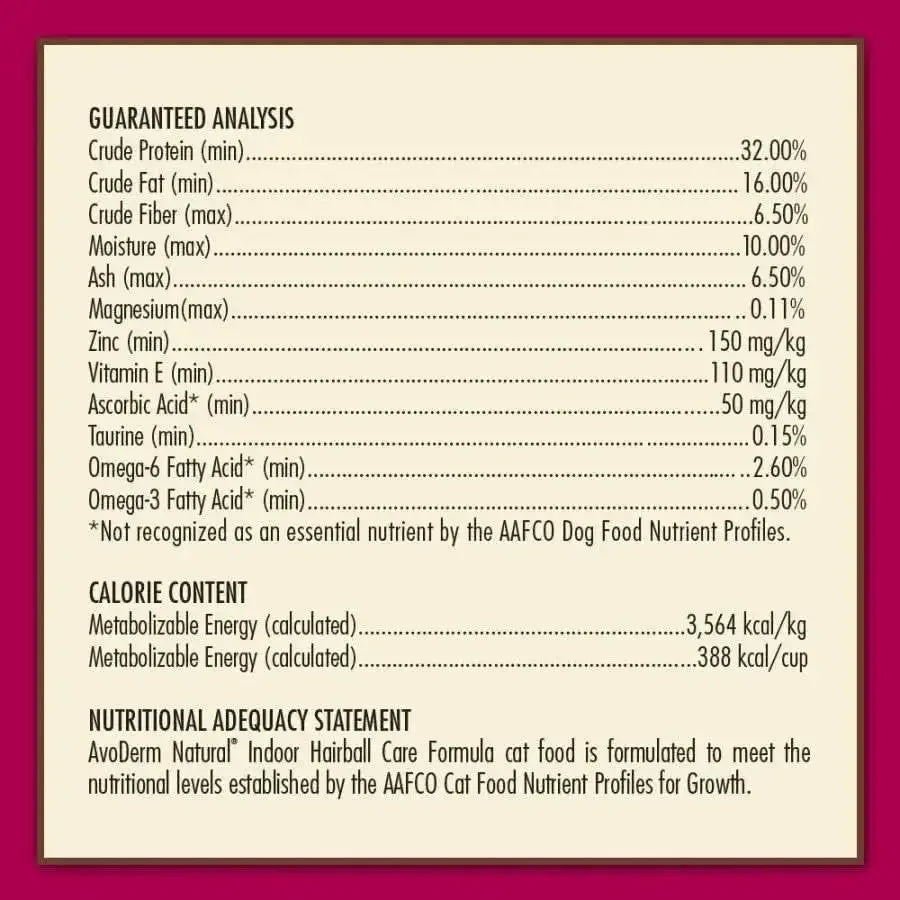 AvoDerm Natural Indoor Formula Adult Dry Cat Food label displays guaranteed analysis, calorie content, and nutritional adequacy statement for indoor cats to support healthy skin and coat, on a pink background.