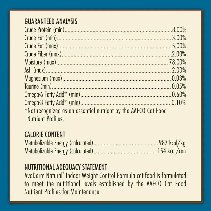 The AvoDerm Natural Indoor Weight Support Recipe Wet Cat Food label from AvoDerm displays a guaranteed analysis, calorie content, and nutritional adequacy statement with percentages for protein, fat, fiber, moisture, ash, minerals, and fatty acids.