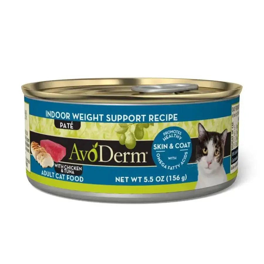 A 5.5 oz (156g) can of AvoDerm Natural Indoor Weight Support Recipe Wet Cat Food, featuring chicken and tuna. Promotes skin and coat health with omega fatty acids. Label shows a photo of a cat and food.