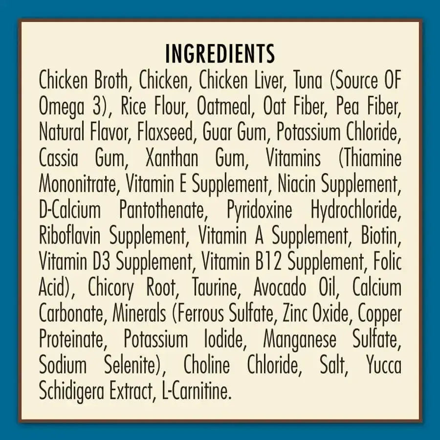 AvoDerm Natural Indoor Weight Support Recipe Wet Cat Food by AvoDerm lists ingredients on a tan background with a blue border, featuring chicken broth, chicken, liver, tuna, rice flour, vitamins, minerals, fibers, and supplements.