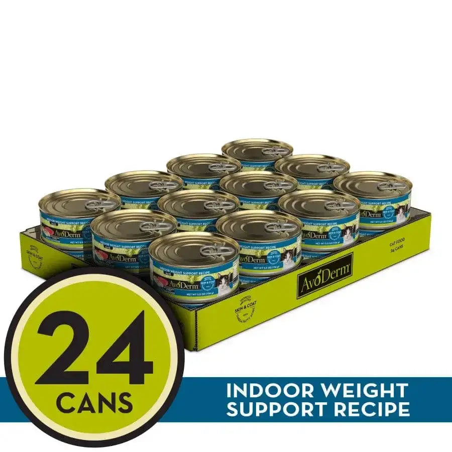A tray of 24 AvoDerm Natural Indoor Weight Support Recipe Wet Cat Food cans features gold lids, blue labels, and yellow packaging with the AvoDerm logo and indoor weight support details.