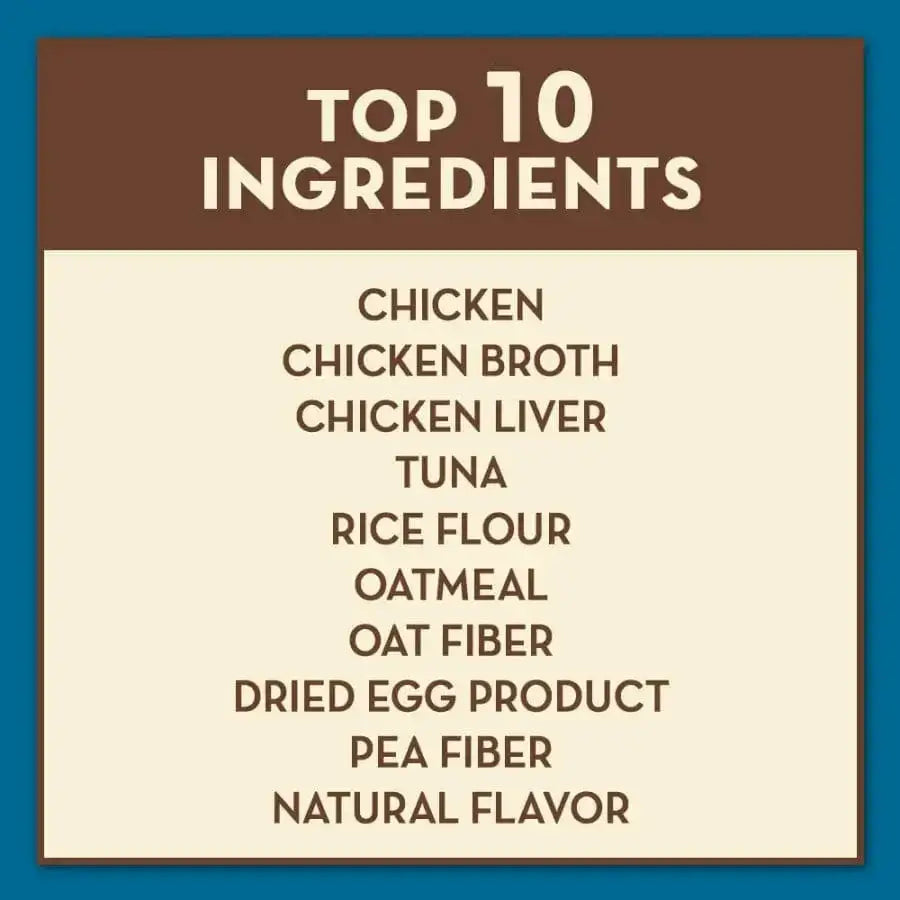 AvoDerm Natural Indoor Weight Support Recipe Wet Cat Food by AvoDerm features a top 10 ingredient list: chicken, chicken broth, chicken liver, tuna, rice flour, oatmeal, oat fiber, dried egg product, pea fiber, and natural flavor.