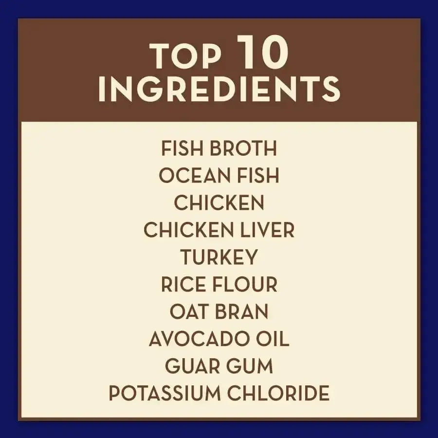 A list titled Top 10 Ingredients highlights AvoDerm Natural Ocean Fish Formula Wet Cat Food, featuring fish broth, ocean fish, chicken, oat bran, and avocado oil by AvoDerm on a beige background.