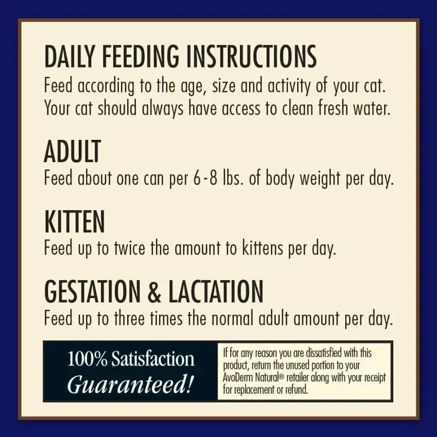 AvoDerm Natural Ocean Fish Formula Wet Cat Food feeding sign lists adult, kitten, and gestating/lactating portions. It reminds to provide fresh water and highlights AvoDerms 100% satisfaction guarantee at the bottom.