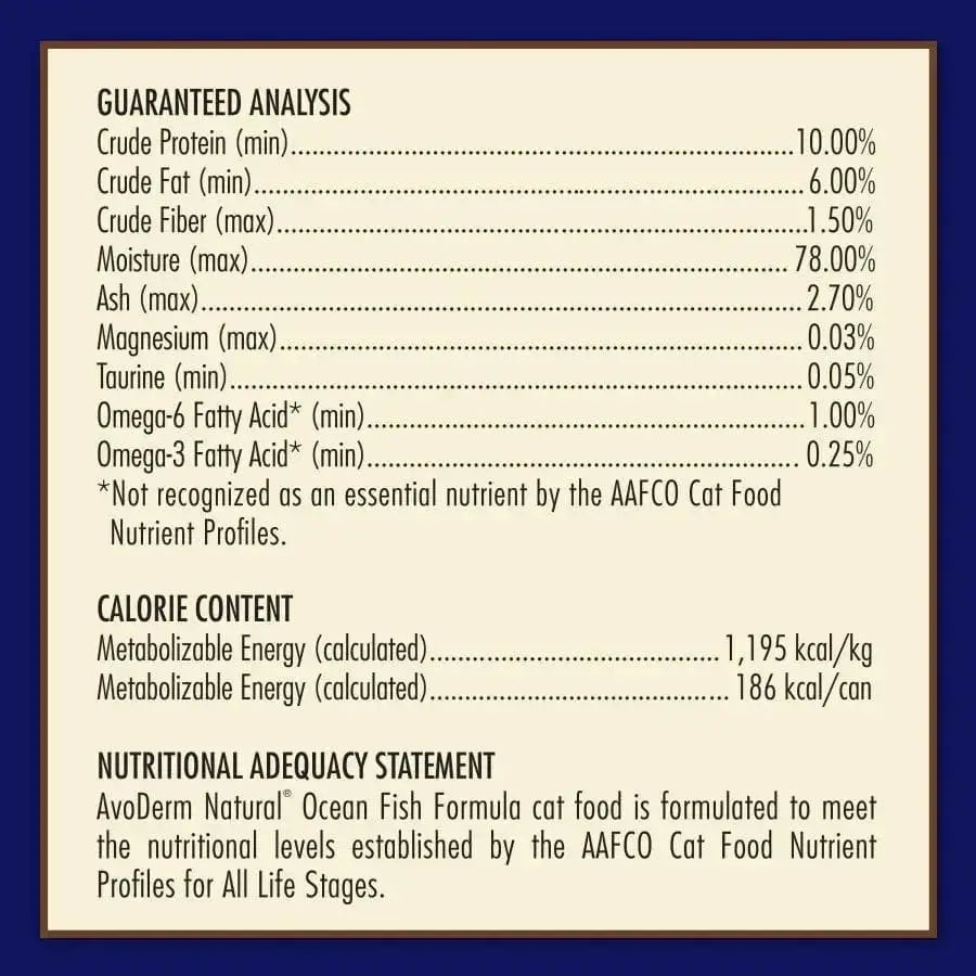 The nutrition label for AvoDerm Natural Ocean Fish Formula Wet Cat Food (24ea/5.5 oz) shows guaranteed analysis, calorie content, and nutritional adequacy, listing percentages for protein, fat, fiber, moisture, ash, magnesium, taurine & omega fatty acids.