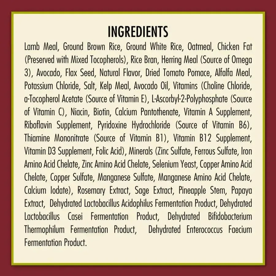 The ingredients for AvoDerm Natural Original Lamb Meal & Brown Rice Recipe Dry Dog Food are shown on a tan background with a burgundy border, highlighting lamb meal, brown rice, meats, grains, fish, veggies, vitamins, minerals, probiotics & natural flavors.