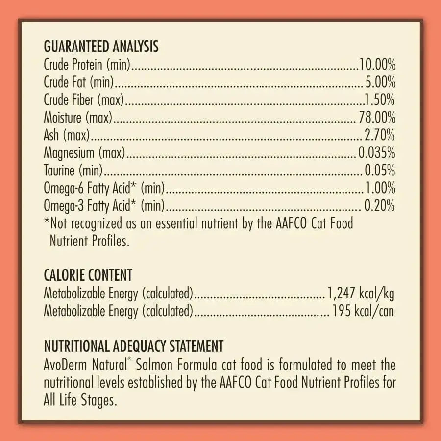 The AvoDerm Natural Salmon Formula Wet Cat Food 24ea/5.5 oz label displays guaranteed analysis, calorie content, and confirms it meets AAFCO Cat Food Nutrient Profiles for all life stages.