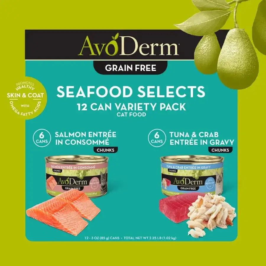 AvoDerm Natural Seafood Selects Grain Free Wet Cat Food Variety Pack (12 cans) features Salmon Entrée in Consommé and Tuna & Crab Entrée in Gravy. Fresh salmon and crab slices are shown beside the cans on a green background.