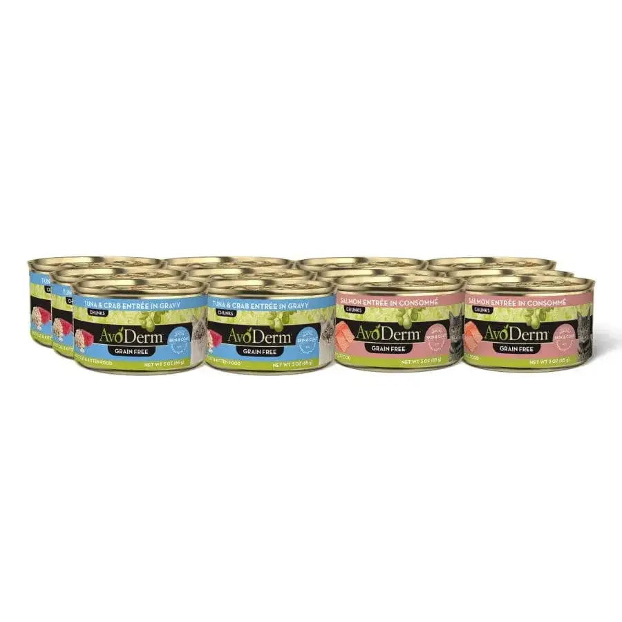 Twelve cans of AvoDerm Natural Seafood Selects Grain Free Wet Canned Cat Food Variety Pack by AvoDerm, in three flavors with blue, red, and green labels, are arranged in four rows on a white background.