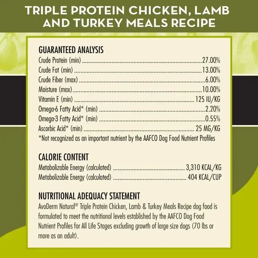 AvoDerm Natural Triple Protein Meal Formula Dry Dog Food 30 lb - Talis Us