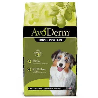 AvoDerm Natural Triple Protein Meal Formula Dry Dog Food (30 lb) by AvoDerm features chicken, lamb, and turkey meals to support your dogs immune system. The packaging shows a happy dog with avocados.