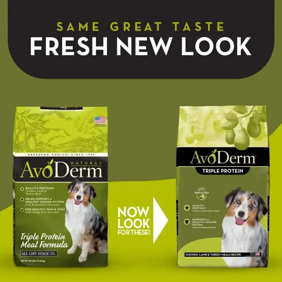 Two 30 lb AvoDerm Natural Triple Protein Meal Formula Dry Dog Food bags are shown: the old green design on the left and the new black-green design with a dog photo and updated product details on the right.