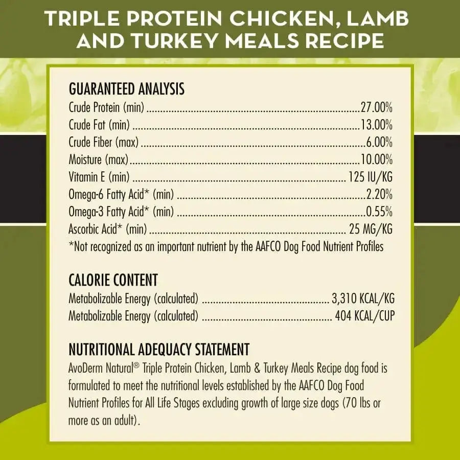 Guaranteed analysis and calorie info for AvoDerm Natural Triple Protein Meal Formula Dry Dog Food 30 lb. Includes nutrient levels, calories, and nutritional adequacy for all life stages. Green and yellow background. Brand: AvoDerm.