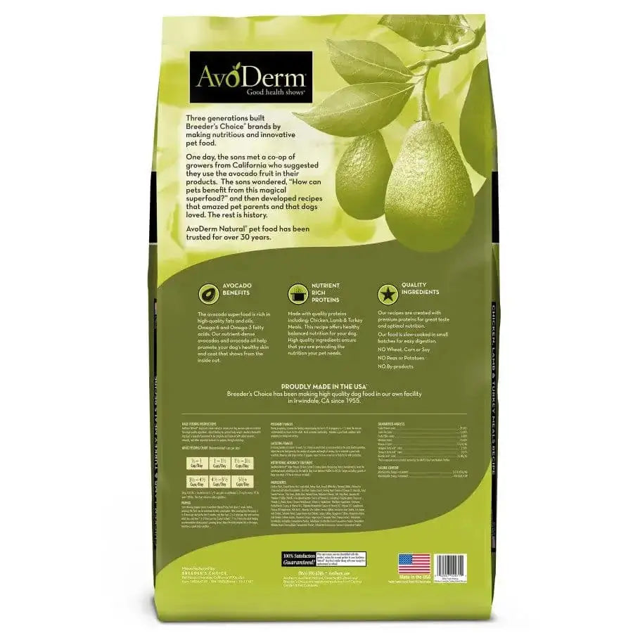Back of AvoDerm Natural Triple Protein Meal Formula Dry Dog Food 30 lb bag displays avocados, triple protein benefits, ingredient list, nutritional info, and a USA flag icon. The green and yellow bag spotlights AvoDerms dry dog food.