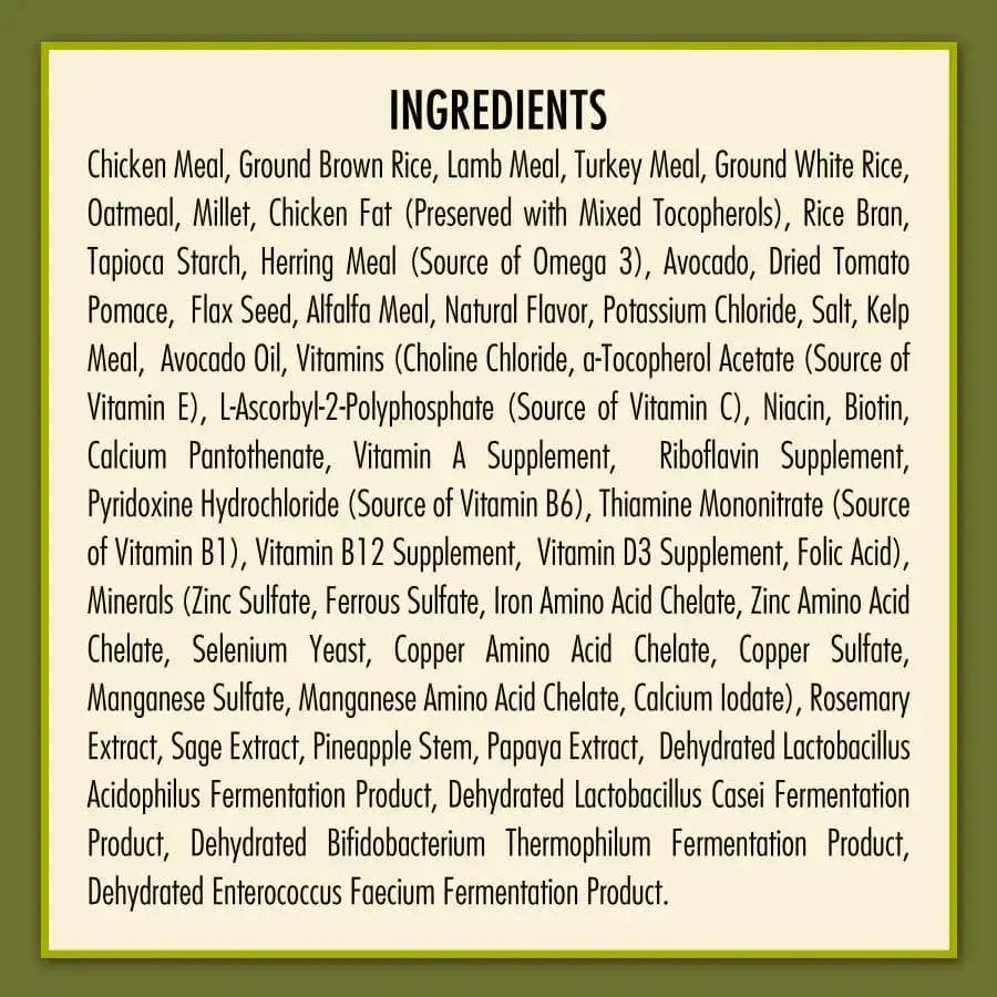 A rectangular label for AvoDerm Natural Triple Protein Meal Formula Dry Dog Food 30 lb by AvoDerm, listing meats, grains, vegetables, supplements, vitamins, minerals, and probiotics on a green background.