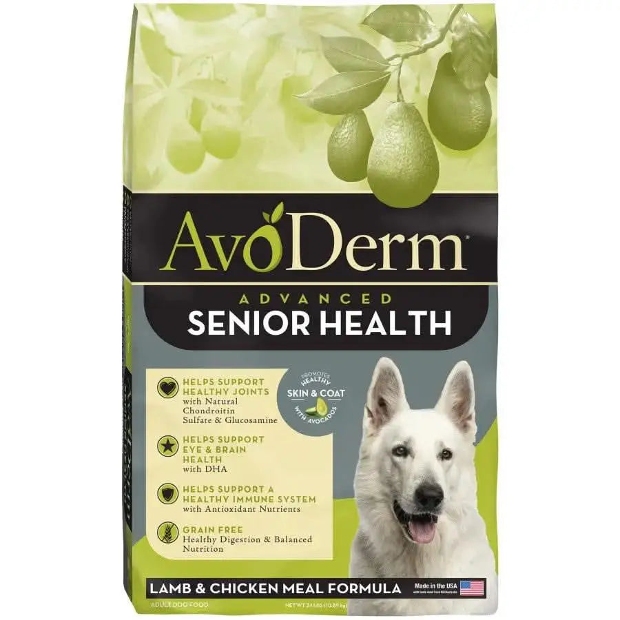 The AvoDerm CPD Senior Health Grain Free Lamb Meal Formula Dry Dog Food bag features a happy white dog, green avocado illustrations, and text highlighting joint, eye, brain, and immune system benefits for senior dogs.