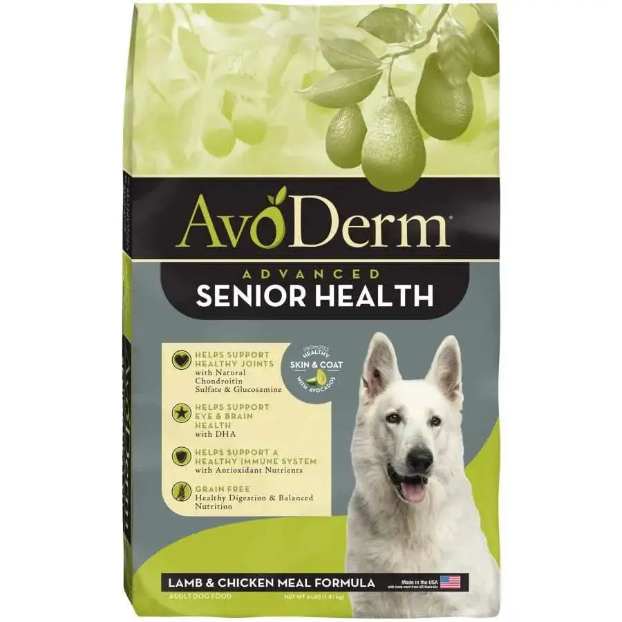 AvoDerm CPD Senior Health Grain Free Lamb Meal Formula Dry Dog Food features a white dog and avocados on the bag, highlighting benefits for joints, brain, immune system, and skin and coat.