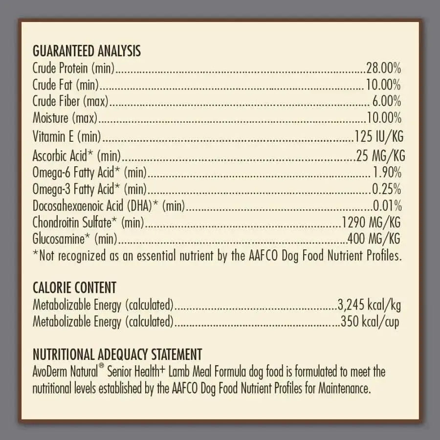 AvoDerm CPD’s Senior Health Grain Free Lamb Meal Formula Dry Dog Food nutrition label displays guaranteed analysis, calorie content, and an adequacy statement for senior health, listing protein, fat, fiber, moisture, vitamins, and nutrients per kg.