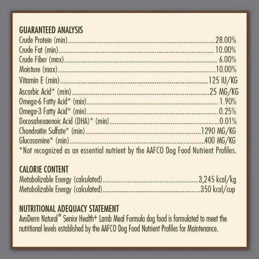 AvoDerm CPD’s Senior Health Grain Free Lamb Meal Formula Dry Dog Food nutrition label displays guaranteed analysis, calorie content, and an adequacy statement for senior health, listing protein, fat, fiber, moisture, vitamins, and nutrients per kg.