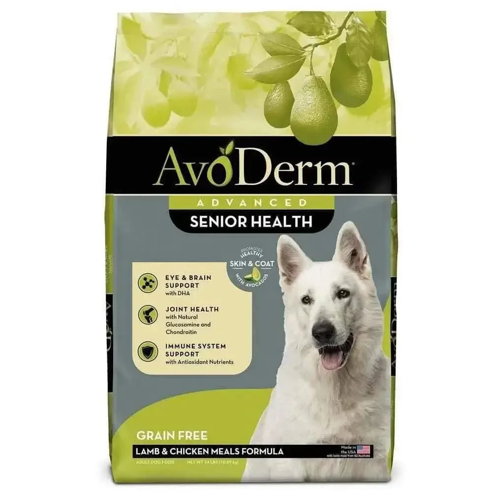 AvoDerm Senior Health Grain Free Lamb Meal Formula Dry Dog Food features a white dog and avocados on the packaging, highlighting eye, brain, joint, and immune benefits for senior dogs.