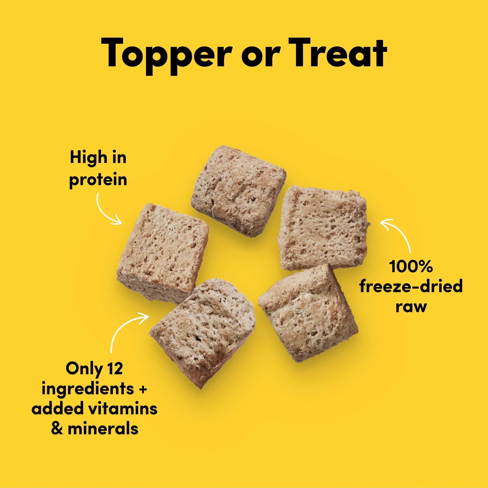 Five freeze-dried raw beef dog food cubes on yellow background with protein and ingredient highlights