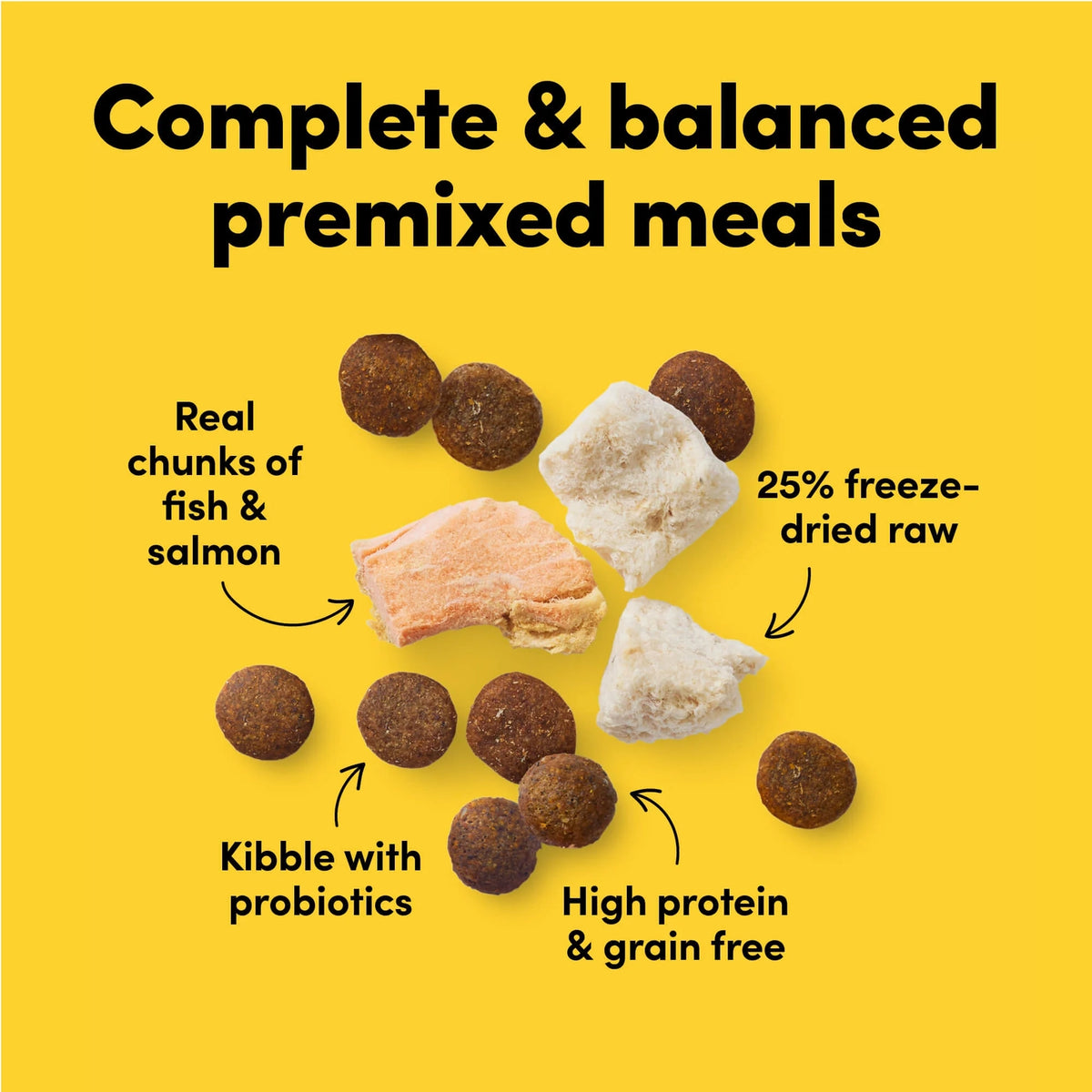 Chunks of freeze-dried ocean fish and salmon mixed with high-protein, grain-free kibble containing probiotics