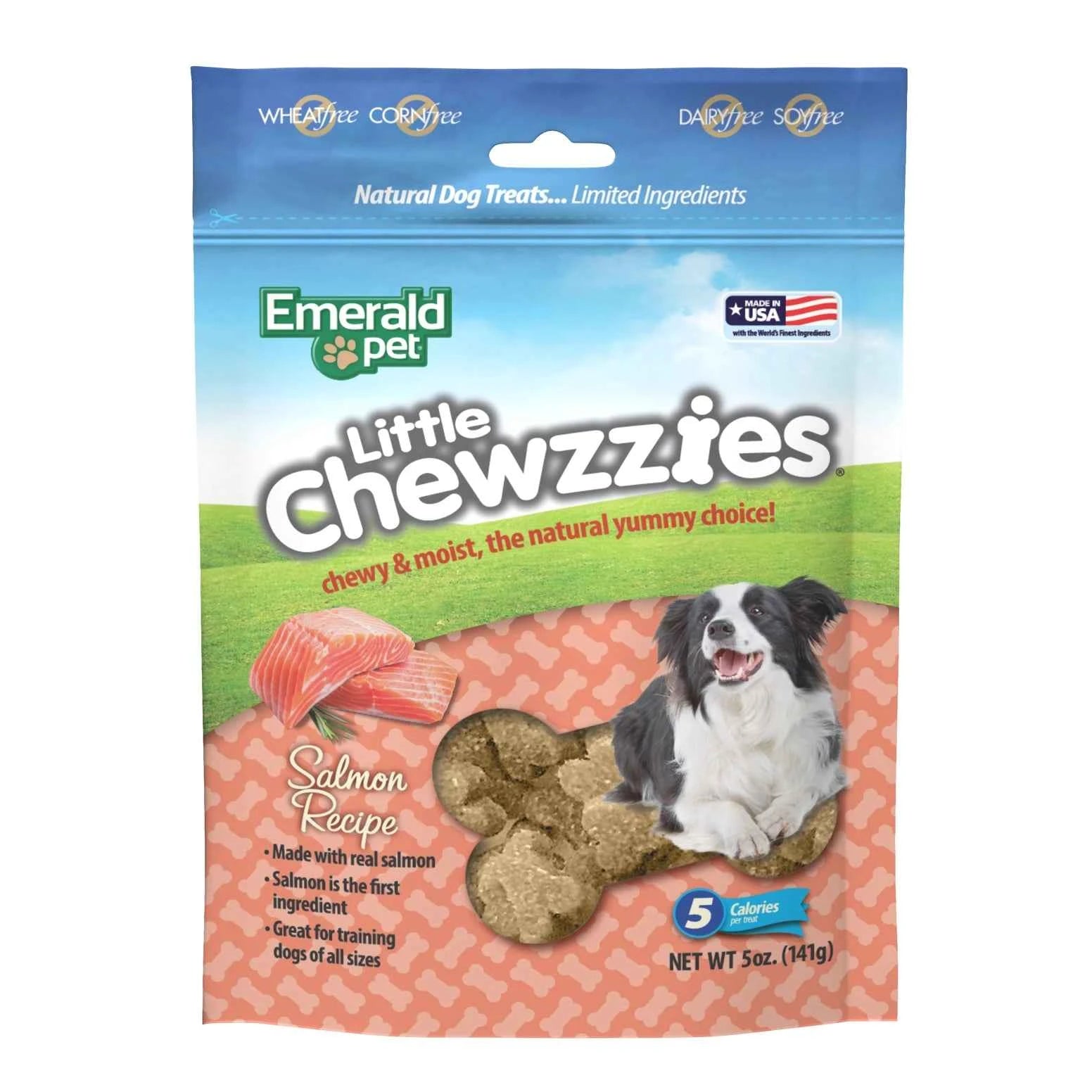 Emerald Pet Little Chewzzies Salmon Recipe dog treats in a 5-ounce blue and orange bag.