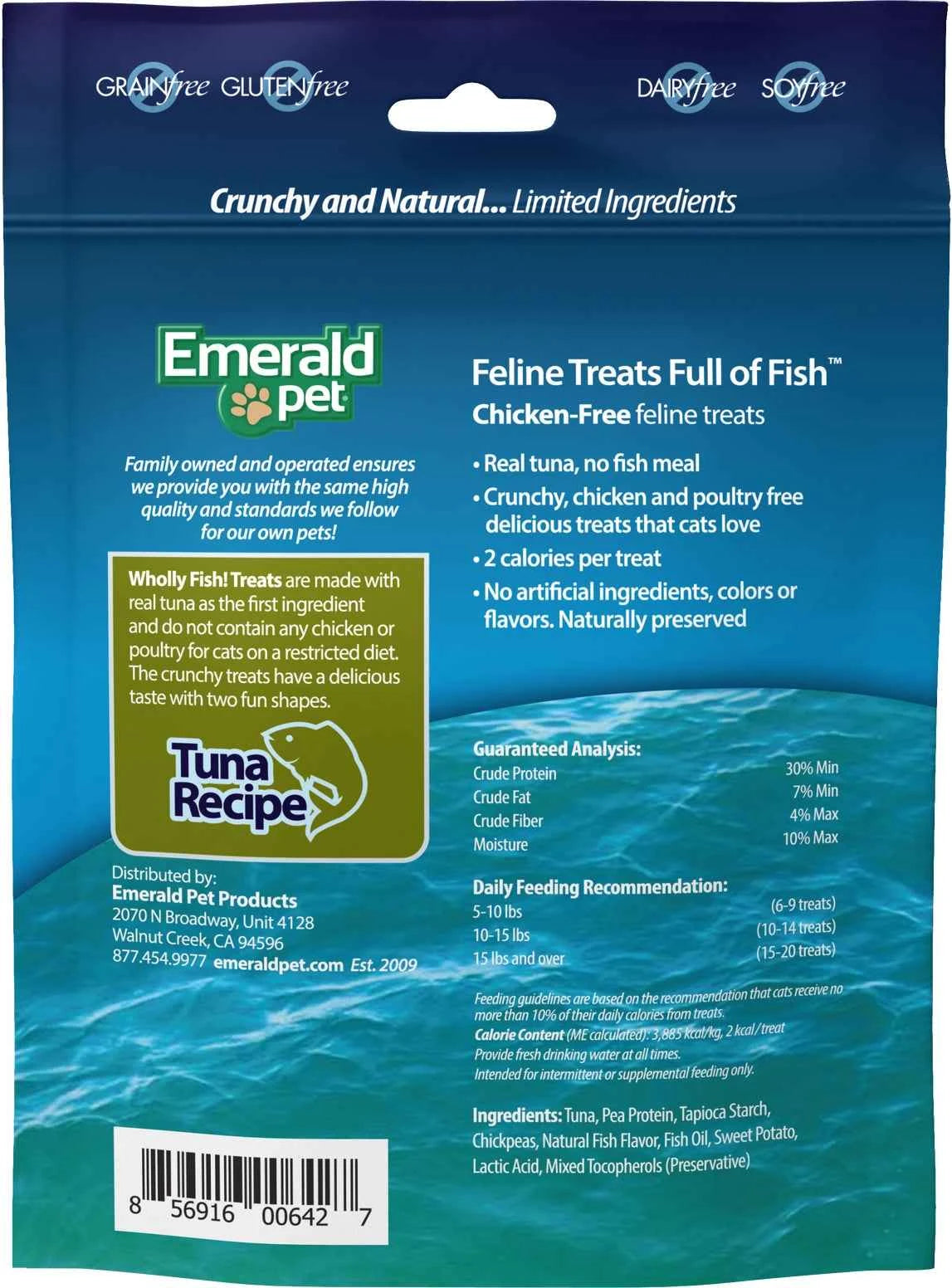 The back of a bag of Emerald Pet Wholly Fish! Tuna Recipe cat treats showing ingredients and facts.