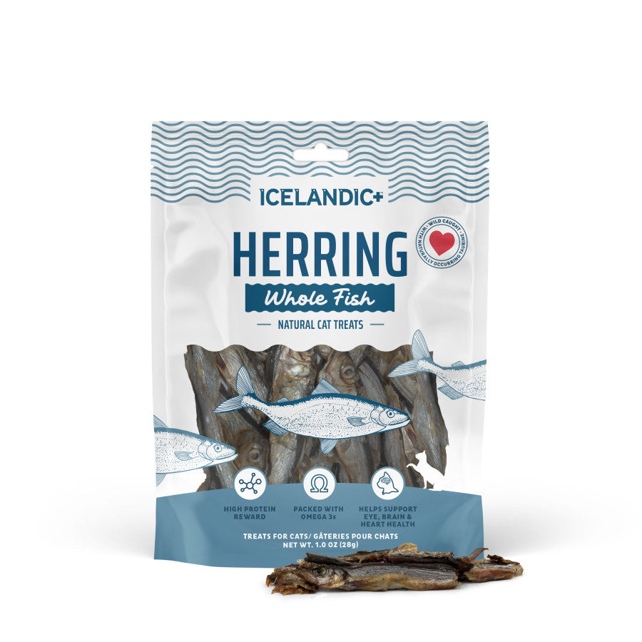 Icelandic+ Herring Whole Fish natural cat treats in a 1.0 oz resealable bag with dried fish pieces.