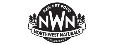 Black and white circular logo for northwest naturals raw pet food, featuring stylized trees flanking the brand name.
