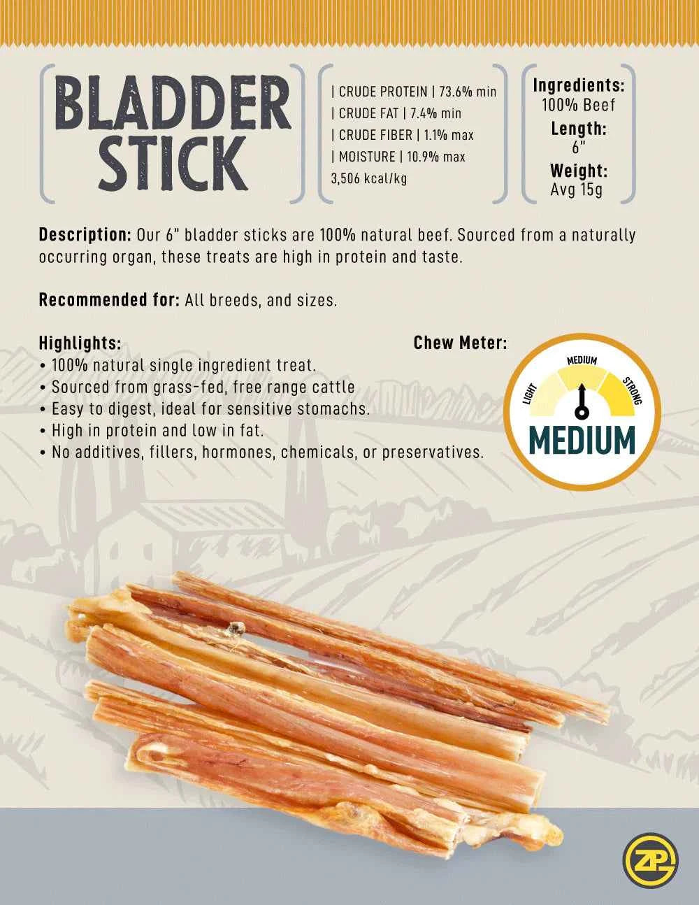 Talis Us Low Odor Beef Bladder Sticks 6" - 12 Units
