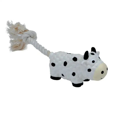 Coastal toy cow latex dog toy in white and black with a rope tail for interactive play