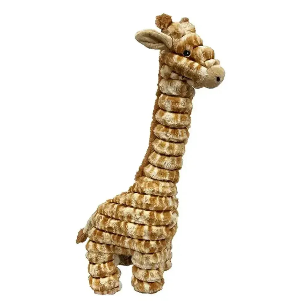 Brown and beige plush giraffe dog toy with textured corduroy design, 16 inches tall