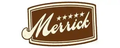Brown rectangular logo with the word ’merrick’ in white cursive script, accented by five small stars above the lettering.