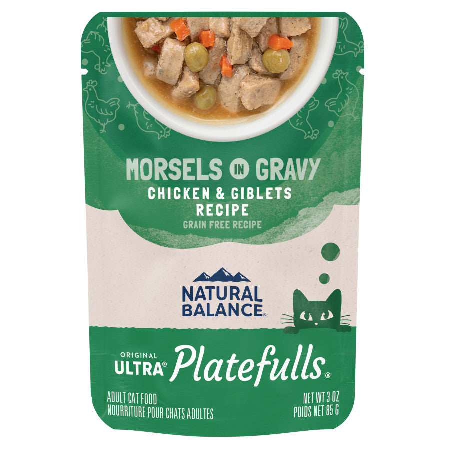 Natural Balance Platefulls Chicken & Giblets Recipe Morsels in Gravy grain-free wet cat food pouch.