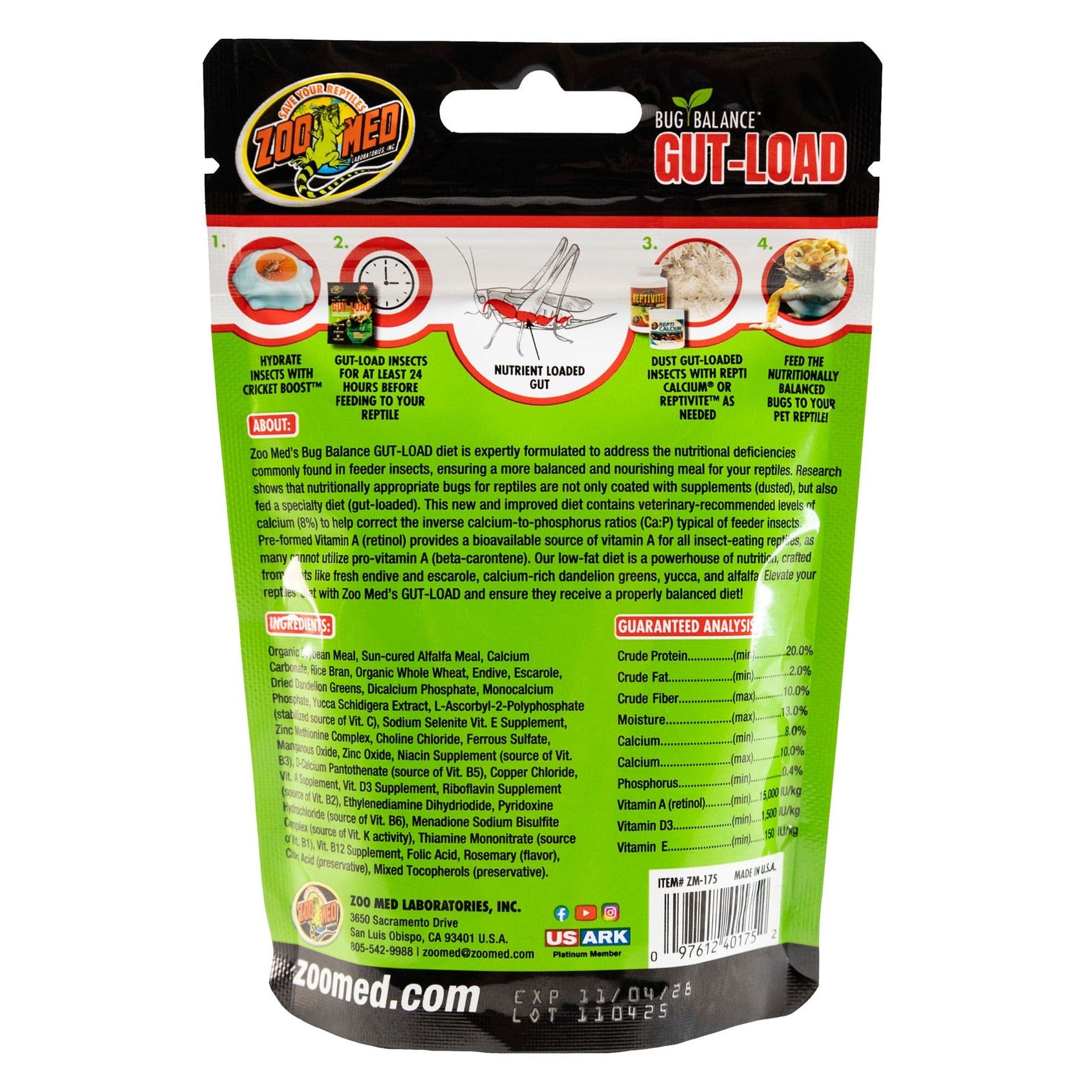 Zoo Med Laboratories Bug Balance Gut-Load Reptile Gut Load Supplement for Nutrient Boost in Crickets