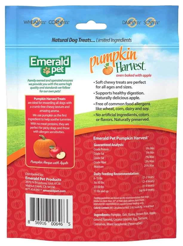Back of a bag of Emerald Pet Pumpkin Harvest dog treats showing ingredients and feeding guidelines.