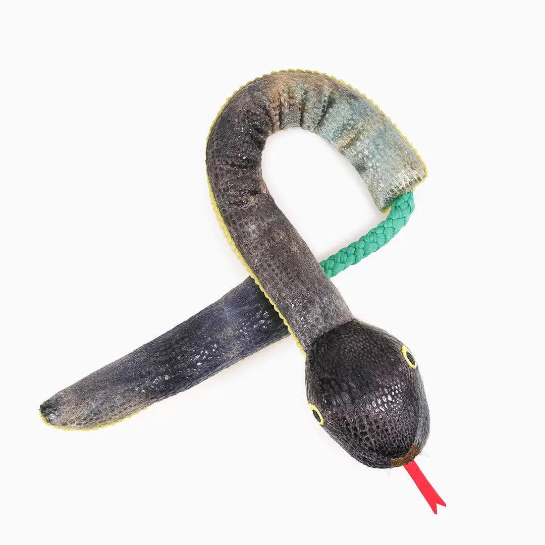 Hugsmart Pet Jungle Tails snake plush dog toy with a green rope tail and red tongue.