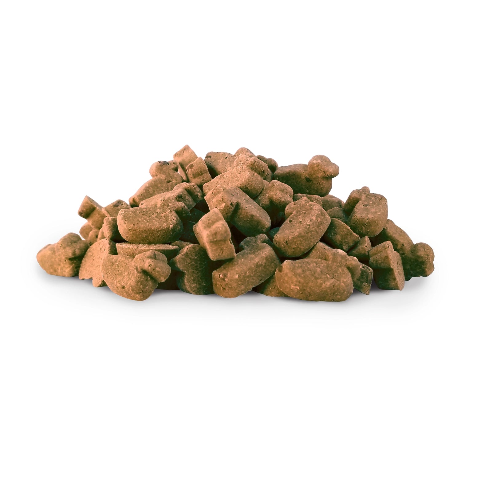 Emerald Pet Grain-Free Little Duckies dog treats, shaped like small ducks, in a pile on a white background. 5 oz package.