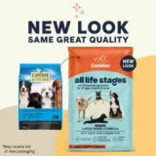 Two bags of CANIDAE All Life Stages Large Breed Formula with Turkey Meal & Brown Rice Dry Dog Food, one blue and one orange, shown side by side. Text above says NEW LOOK SAME GREAT QUALITY. The orange bag features a NEW LOOK label. Made with premium ingredients.