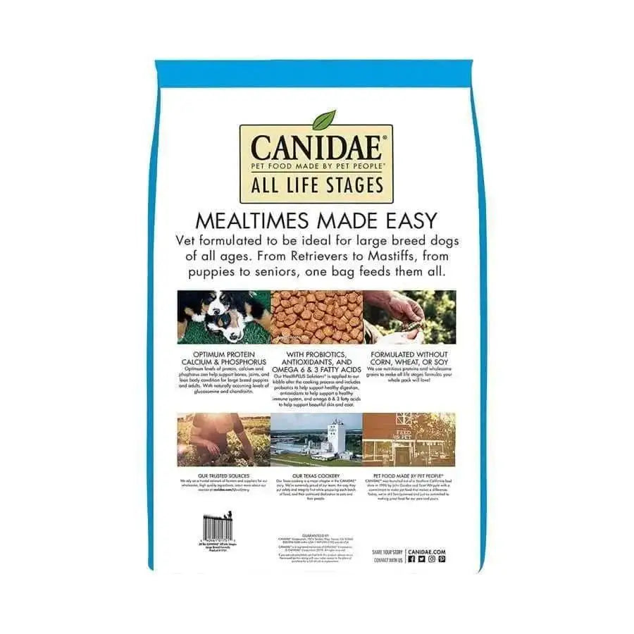CANIDAE All Life Stages Large Breed Formula with Turkey Meal & Brown Rice dry dog food showcases dogs, kibble, and premium ingredients; highlights protein, probiotics, and no corn, wheat or soy; ideal for any age or breed.