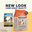 Two bags of CANIDAE All Life Stages Multi-Protein Formula Dry Dog Food (Chicken, Turkey, Lamb & Fish Meal) are shown: old packaging on the left, new orange-and-white design on the right—same quality, updated look.