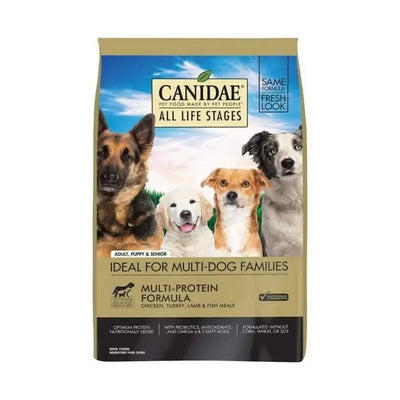 A bag of CANIDAE All Life Stages Multi-Protein Formula Dry Dog Food (Chicken, Turkey, Lamb & Fish Meal), showing four dog breeds and branded as “Ideal for Multi-Dog Families”—for adult, puppy, and senior dogs.